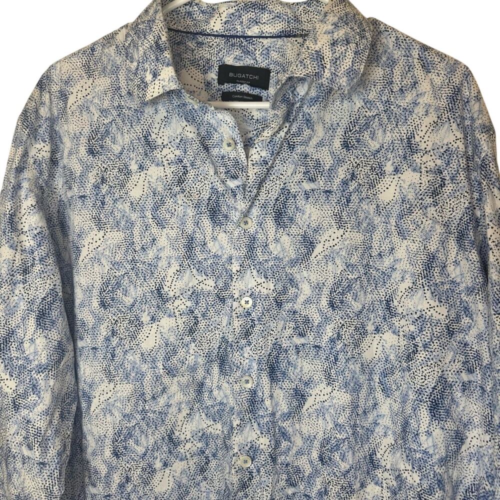 Bugatchi Mens Classic Fit Comfort Stretch Blue and White Abstract Shirt Size XXL - Picture 2 of 9